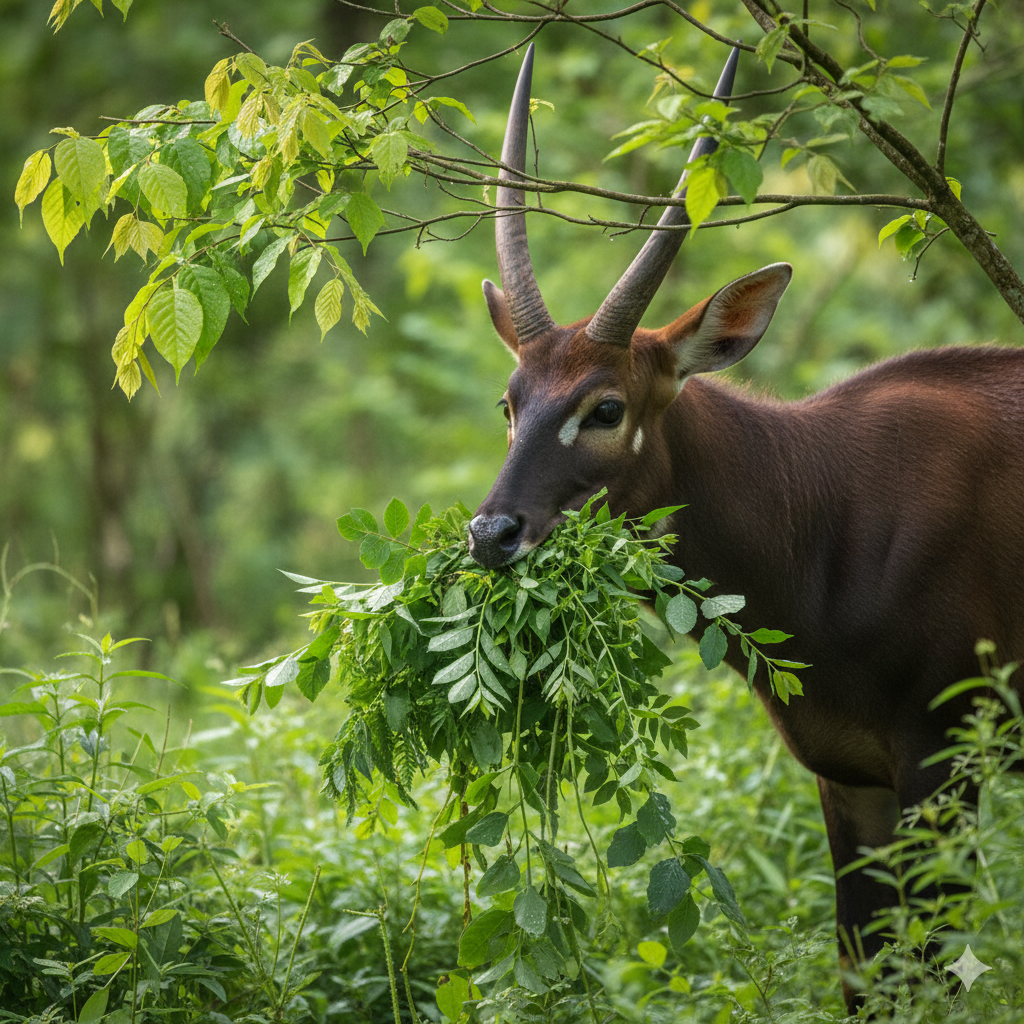 saola mangeant plein de feuilles