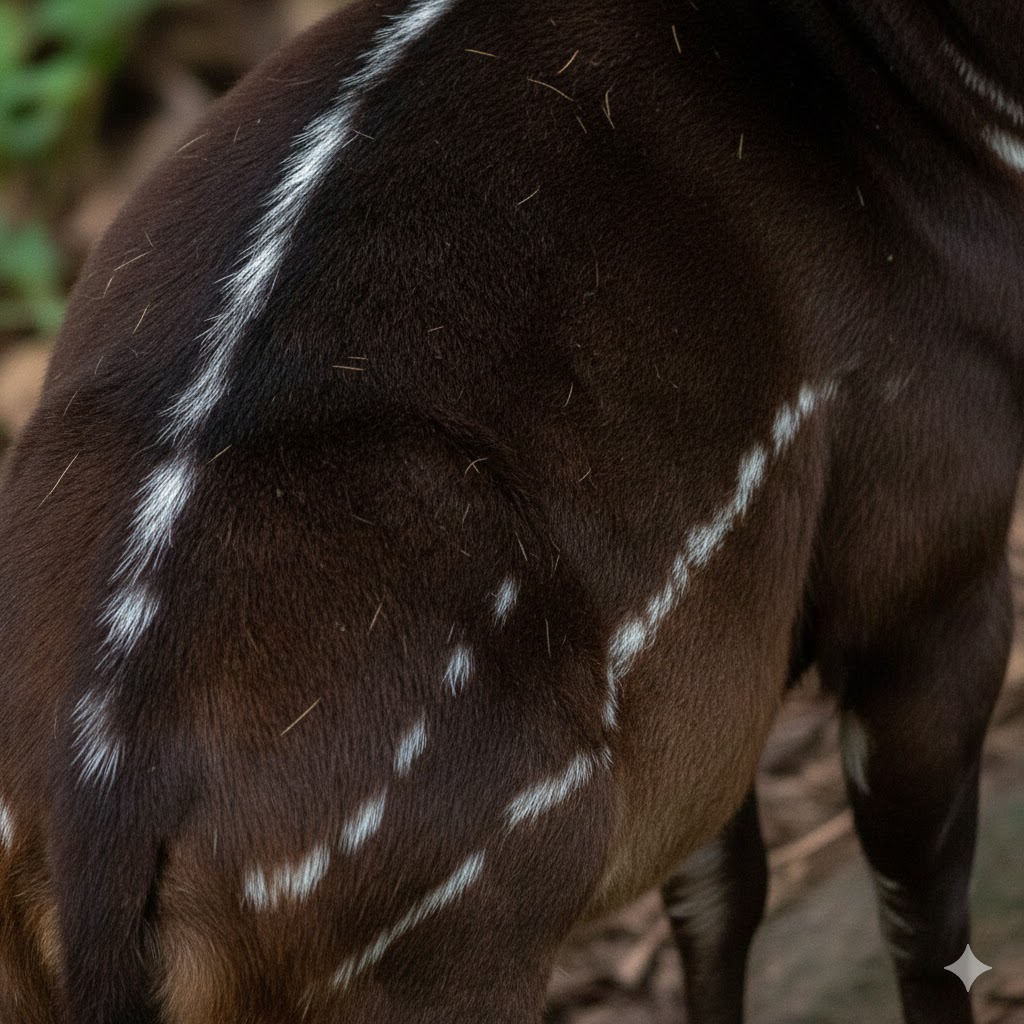 zoom sur le pelage bruns avec des marquages des saolas